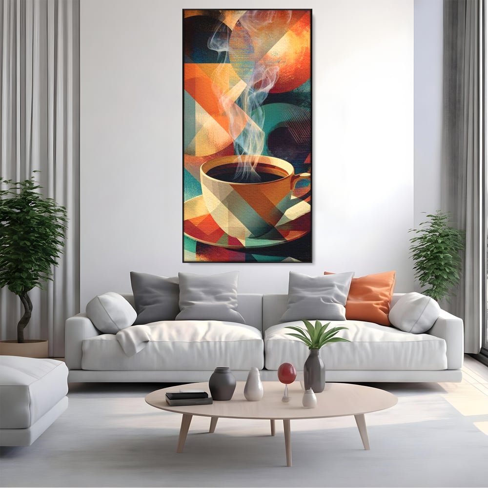 Tablou canvas cu ilustratie abstracta cu ceasca de cafea, in rama de aluminiu negru, pe perete intr-un living